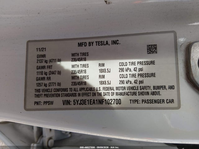 Продаж на аукціоні авто 2022 Tesla Model 3 Rear-wheel Drive, vin: 5YJ3E1EA1NF102700, номер лоту: 46027886