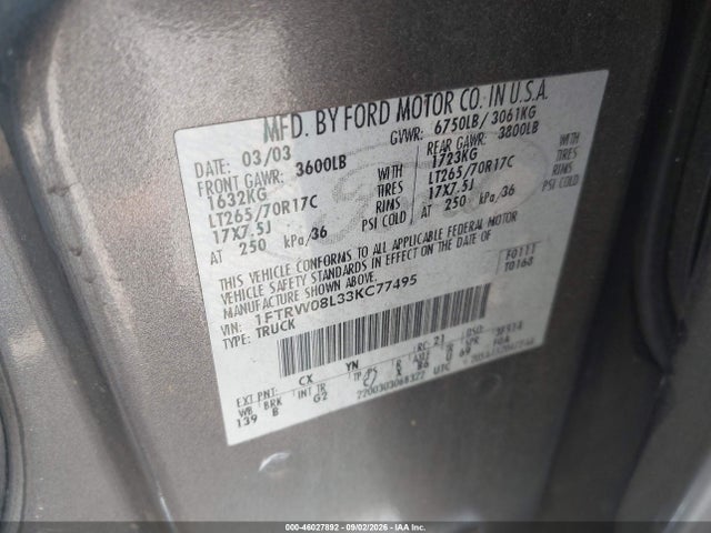 46027892 :رقم المزاد ، 1FTRW08L33KC77495 vin ، 2003 Ford F-150 Lariat/xlt مزاد بيع