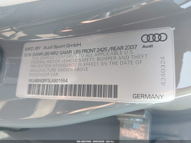 Aukcja sprzedaży 2020 Audi Rs 3 Tfsi Quattro S Tronic, vin: WUABWGFF3LA901554, numer aukcji: 46027899