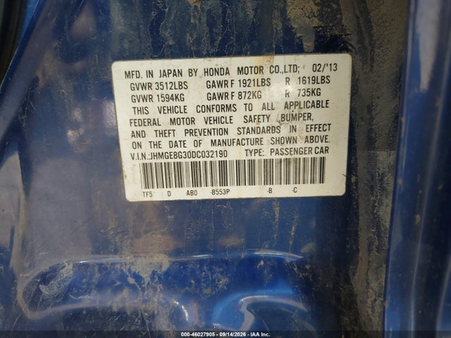 46027905 :رقم المزاد ، JHMGE8G30DC032190 vin ، 2013 Honda Fit مزاد بيع