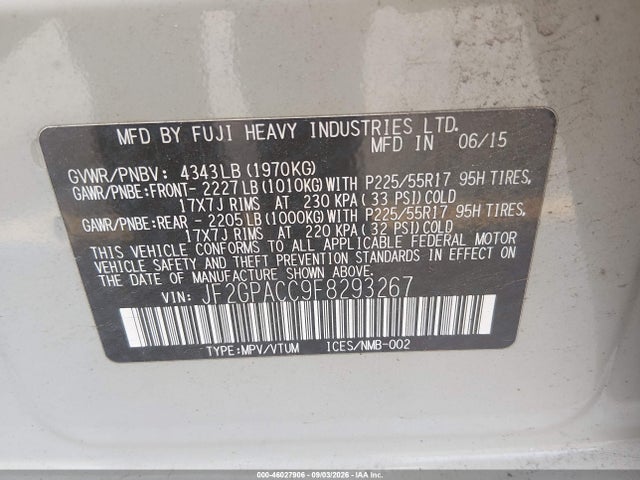 46027906 :رقم المزاد ، JF2GPACC9F8293267 vin ، 2015 Subaru Xv Crosstrek 2.0i Premium مزاد بيع