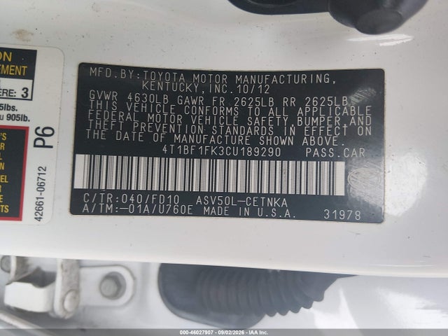 Продажа на аукционе авто 2012 Toyota Camry Le, vin: 4T1BF1FK3CU189290, номер лота: 46027907