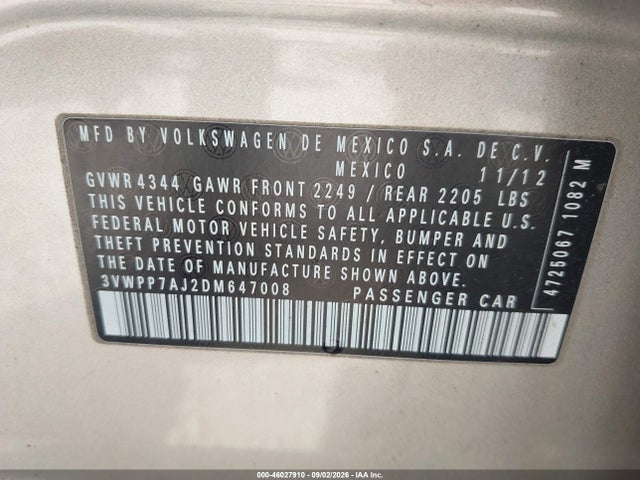 Aukcja sprzedaży 2013 Volkswagen Jetta Sportwagen 2.5l S, vin: 3VWPP7AJ2DM647008, numer aukcji: 46027910