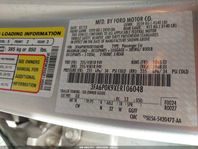 2014 Ford Fusion Titanium მანქანა იყიდება აუქციონზე, vin: 3FA6P0K9XER106048, აუქციონის ნომერი: 46027911