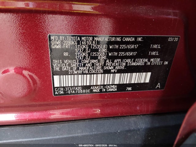 Продаж на аукціоні авто 2020 Toyota Rav4 Xle, vin: 2T3W1RFV8LC062326, номер лоту: 46027924