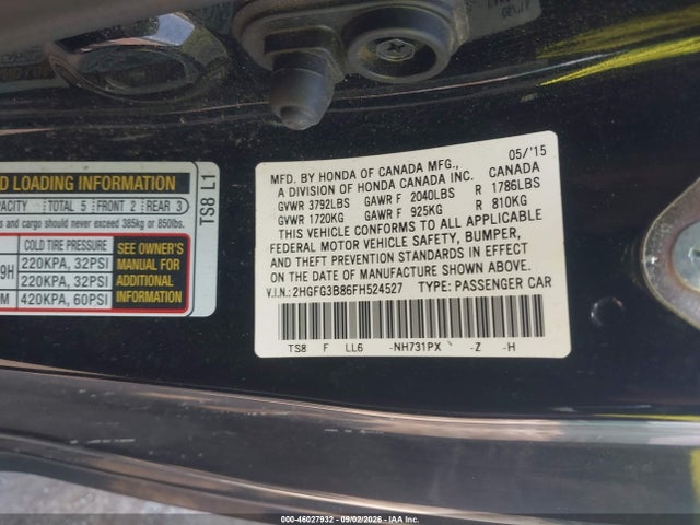 46027932 :رقم المزاد ، 2HGFG3B86FH524527 vin ، 2015 Honda Civic Ex مزاد بيع