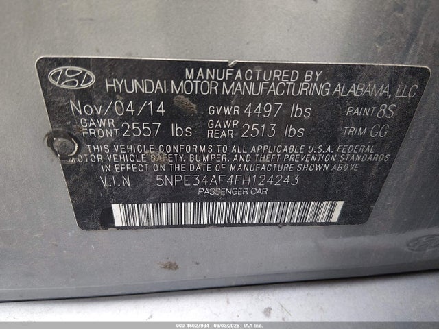 46027934 :رقم المزاد ، 5NPE34AF4FH124243 vin ، 2015 Hyundai Sonata Sport مزاد بيع