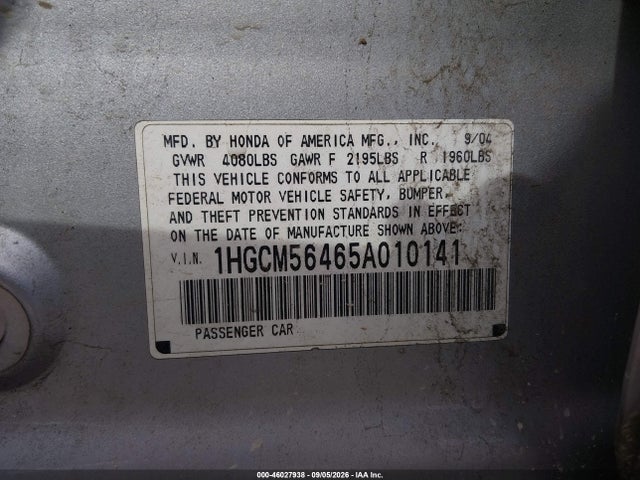 46027938 :رقم المزاد ، 1HGCM56465A010141 vin ، 2005 Honda Accord 2.4 Lx مزاد بيع