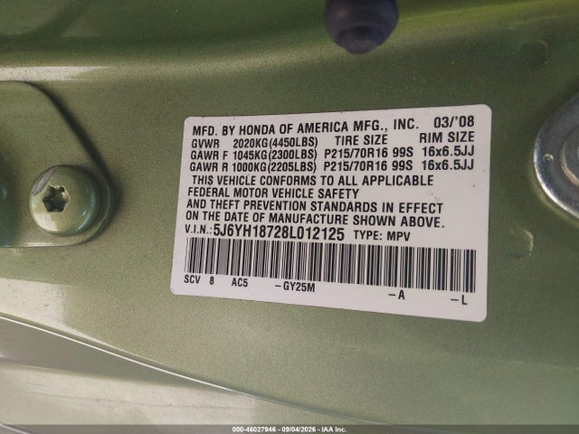 46027946 :رقم المزاد ، 5J6YH18728L012125 vin ، 2008 Honda Element Ex مزاد بيع