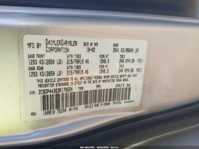 Aukcja sprzedaży 2003 Chrysler Town & Country Lx, vin: 2C8GP44363R170524, numer aukcji: 46027951