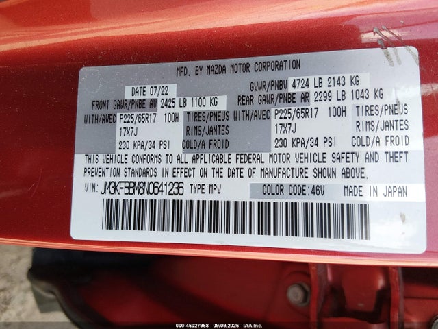 Продажа на аукционе авто 2022 Mazda Cx-5 2.5 S Select, vin: JM3KFBBM8N0641236, номер лота: 46027968