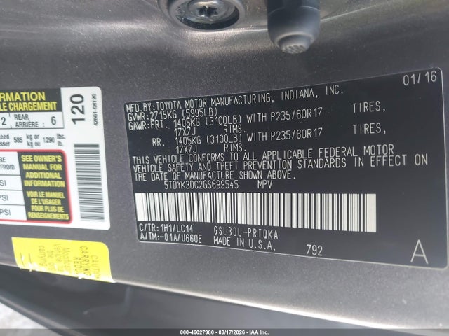 Продаж на аукціоні авто 2016 Toyota Sienna Xle 8 Passenger, vin: 5TDYK3DC2GS699545, номер лоту: 46027980