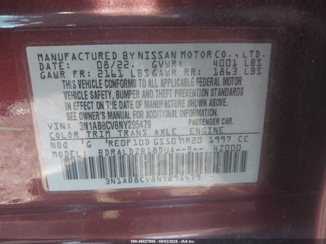 Продаж на аукціоні авто 2022 Nissan Sentra Sv Xtronic Cvt, vin: 3N1AB8CV8NY295479, номер лоту: 46027986
