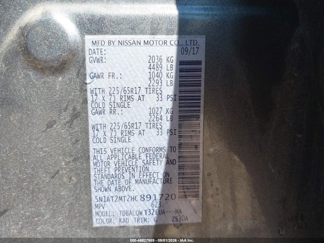 46027989 :رقم المزاد ، 5N1AT2MT2HC891720 vin ، 2017 Nissan Rogue Sv مزاد بيع