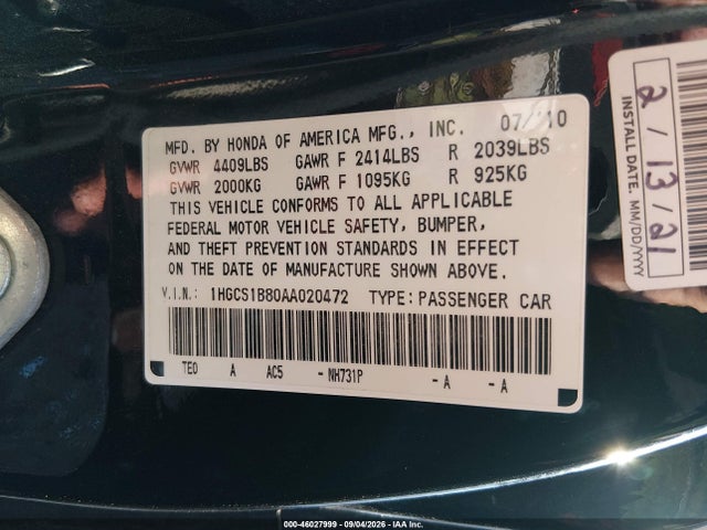 Продаж на аукціоні авто 2010 Honda Accord Cpe 2.4 Ex-l/ex-l, vin: 1HGCS1B80AA020472, номер лоту: 46027999