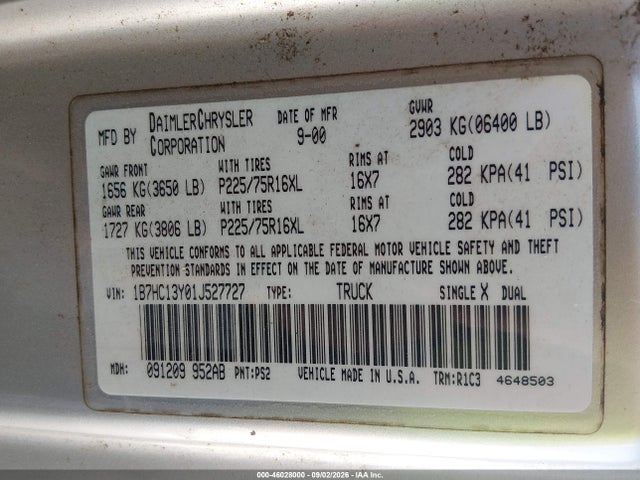Aukcja sprzedaży 2001 Dodge Ram 1500, vin: 1B7HC13Y01J527727, numer aukcji: 46028000