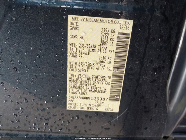 Aukcja sprzedaży 2017 Nissan Murano Sv, vin: 5N1AZ2MH0HN126987, numer aukcji: 46028013