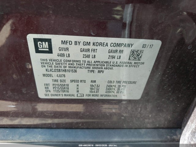 Продажа на аукционе авто 2017 Buick Encore Sport Touring, vin: KL4CJ2SB1HB161536, номер лота: 46028016