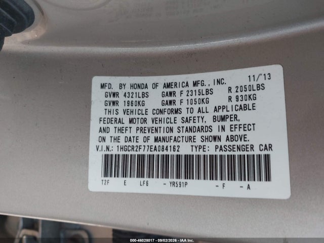 46028017 :رقم المزاد ، 1HGCR2F77EA084162 vin ، 2014 Honda Accord Ex مزاد بيع