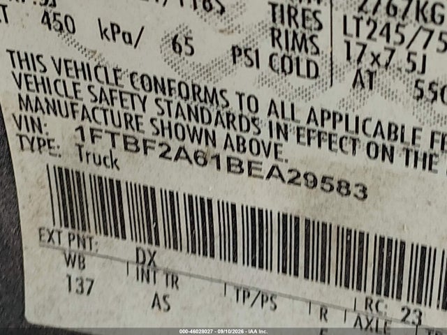Aukcja sprzedaży 2011 Ford F-250 Xl, vin: 1FTBF2A61BEA29583, numer aukcji: 46028027