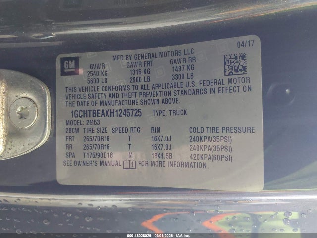 46028029 :رقم المزاد ، 1GCHTBEAXH1245725 vin ، 2017 Chevrolet Colorado Wt مزاد بيع