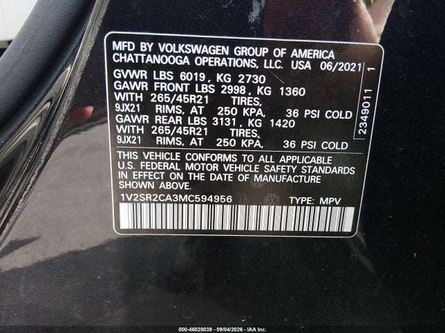 Aukcja sprzedaży 2021 Volkswagen Atlas 3.6l V6 Sel R-line, vin: 1V2SR2CA3MC594956, numer aukcji: 46028039