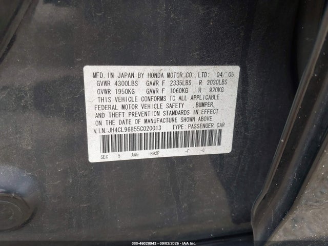 2005 Acura Tsx მანქანა იყიდება აუქციონზე, vin: JH4CL96855C020013, აუქციონის ნომერი: 46028043