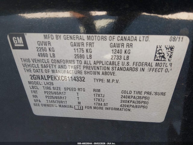 2012 Chevrolet Equinox 2lt მანქანა იყიდება აუქციონზე, vin: 2GNALPEKXC6114332, აუქციონის ნომერი: 46028044