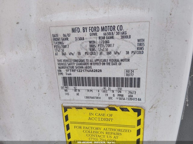 Auction sale of the 2007 Ford F-150 Stx/xl/xlt, vin: 1FTRF12217NA82828, lot number: 46028046