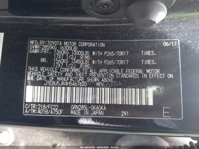Aukcja sprzedaży 2017 Toyota 4runner Trd Off Road, vin: JTEBU5JR4H5467620, numer aukcji: 46028059