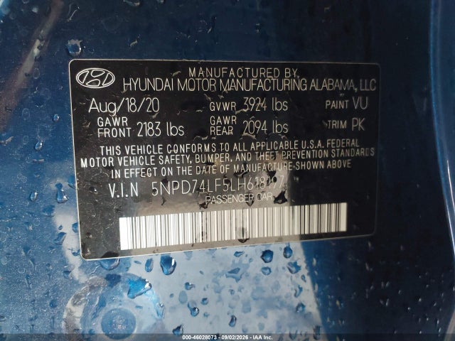 46028073 :رقم المزاد ، 5NPD74LF5LH618197 vin ، 2020 Hyundai Elantra Se مزاد بيع