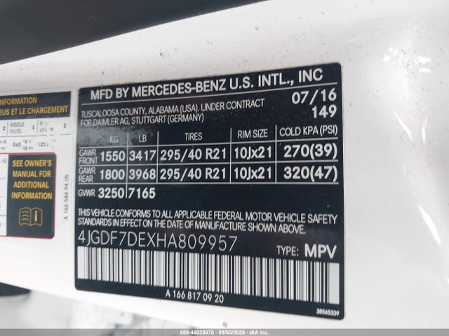 Aukcja sprzedaży 2017 Mercedes-benz Gls 550 4matic, vin: 4JGDF7DEXHA809957, numer aukcji: 46028078