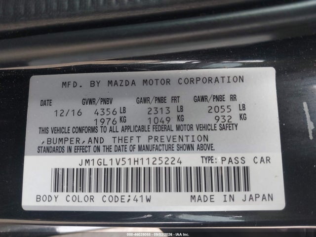 46028088 :رقم المزاد ، JM1GL1V51H1125224 vin ، 2017 Mazda Mazda6 Touring مزاد بيع