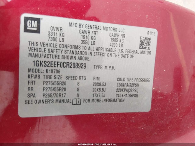 2012 Gmc Yukon Denali მანქანა იყიდება აუქციონზე, vin: 1GKS2EEF0CR208929, აუქციონის ნომერი: 46028094
