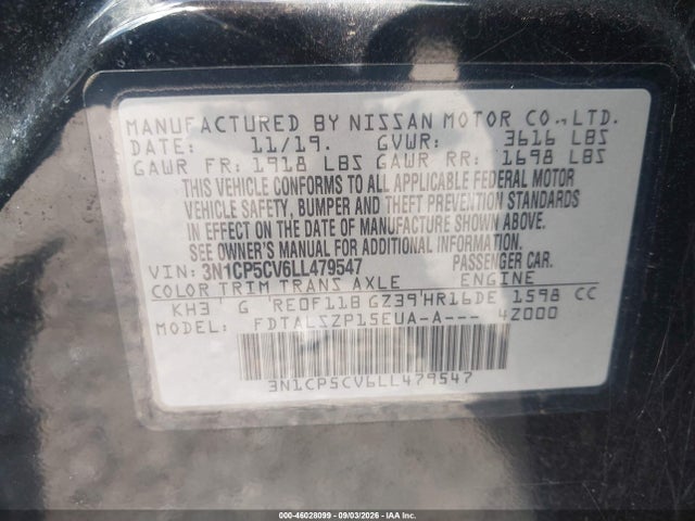 46028099 :رقم المزاد ، 3N1CP5CV6LL479547 vin ، 2020 Nissan Kicks Sv Xtronic Cvt مزاد بيع