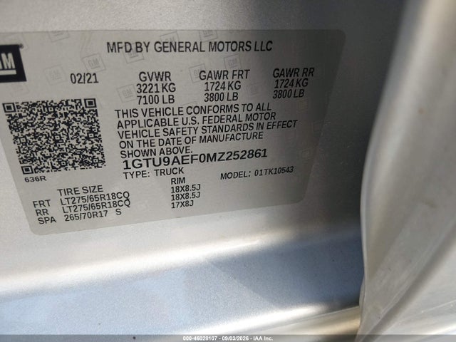 Aukcja sprzedaży 2021 Gmc Sierra 1500 4wd  Short Box, vin: 1GTU9AEF0MZ252861, numer aukcji: 46028107