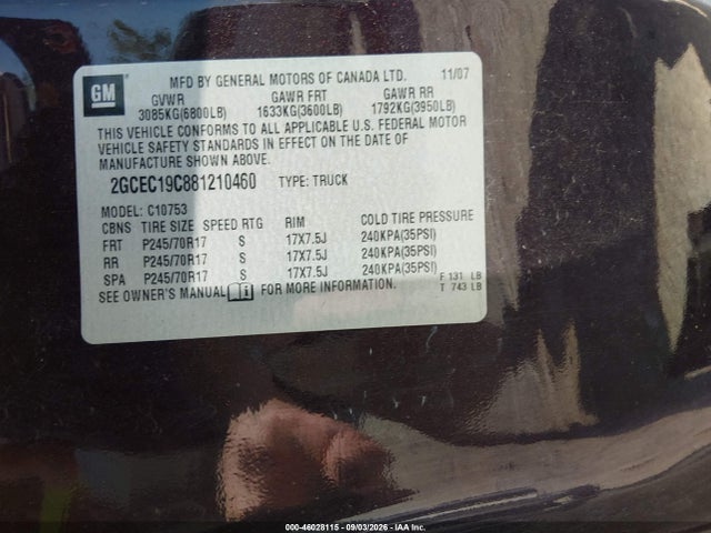 46028115 :رقم المزاد ، 2GCEC19C881210460 vin ، 2008 Chevrolet Silverado 1500 Lt1 مزاد بيع