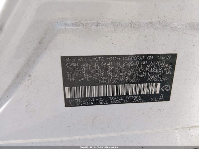Продаж на аукціоні авто 2009 Lexus Es 350, vin: JTHBJ46G092322879, номер лоту: 46028120