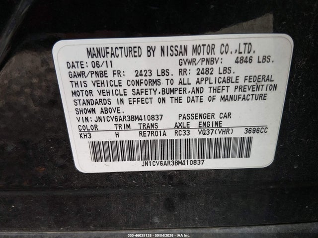 2011 Infiniti G37x მანქანა იყიდება აუქციონზე, vin: JN1CV6AR3BM410837, აუქციონის ნომერი: 46028126