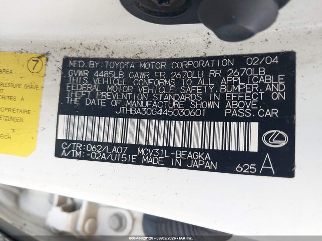 46028128 :رقم المزاد ، JTHBA30G445030601 vin ، 2004 Lexus Es 330 مزاد بيع