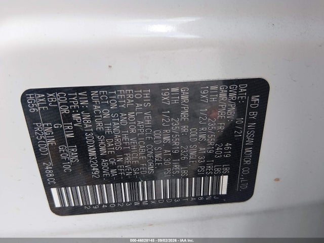 Продажа на аукционе авто 2021 Nissan Rogue Platinum Intelligent Awd, vin: JN8AT3DDXMW320492, номер лота: 46028145