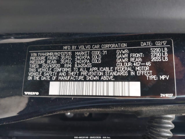 Aukcja sprzedaży 2017 Volvo Xc60 T6 Inscription, vin: YV449MRU1H2137515, numer aukcji: 46028149