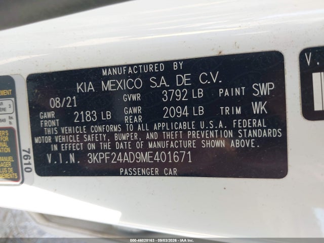 Продажа на аукционе авто 2021 Kia Forte Lxs, vin: 3KPF24AD9ME401671, номер лота: 46028163