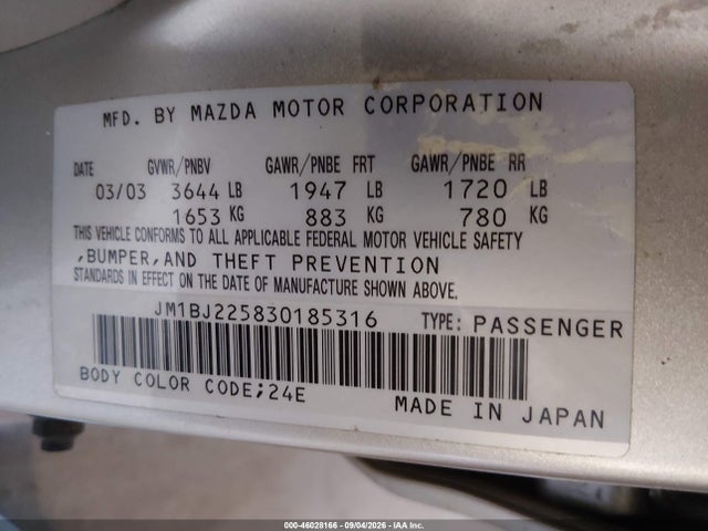 Auction sale of the 2003 Mazda Protege Dx/es/lx, vin: JM1BJ225830185316, lot number: 46028166