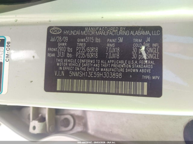 2009 Hyundai Santa Fe Se მანქანა იყიდება აუქციონზე, vin: 5NMSH13E59H303898, აუქციონის ნომერი: 46028187
