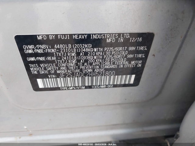Продажа на аукционе авто 2017 Subaru Forester 2.5i Premium, vin: JF2SJAGC2HH521800, номер лота: 46028193