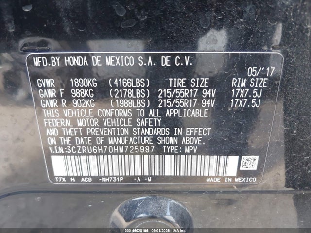 2017 Honda Hr-v Ex-l მანქანა იყიდება აუქციონზე, vin: 3CZRU6H70HM725987, აუქციონის ნომერი: 46028196
