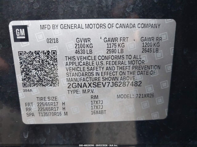 Продажа на аукционе авто 2018 Chevrolet Equinox Lt, vin: 2GNAXSEV7J6287482, номер лота: 46028206
