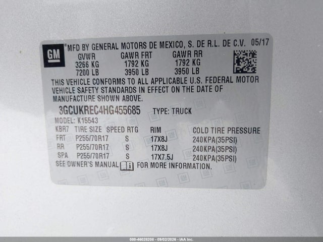 2017 Chevrolet Silverado 1500 Lt მანქანა იყიდება აუქციონზე, vin: 3GCUKREC4HG455685, აუქციონის ნომერი: 46028208