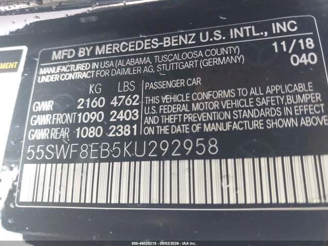 46028215 :رقم المزاد ، 55SWF8EB5KU292958 vin ، 2019 Mercedes-benz C 300 4matic مزاد بيع